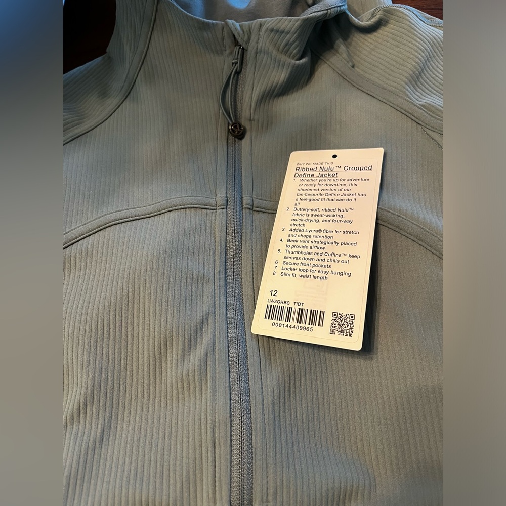 Lululemon new ribbed cropped define jacket size 12 tidal teal